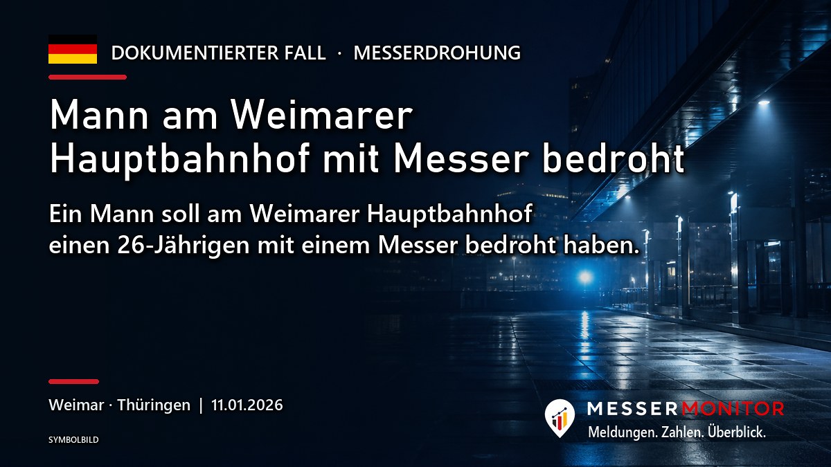 Titelgrafik: Mann am Weimarer Hauptbahnhof mit Messer bedroht. Ein Mann soll am Weimarer Hauptbahnhof einen 26-Jährigen mit einem Messer bedroht haben..