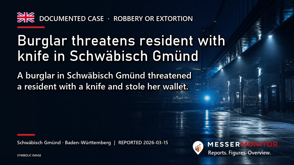 Title image: Burglar threatens resident with knife in Schwäbisch Gmünd. A burglar in Schwäbisch Gmünd threatened a resident with a knife and stole her wallet..