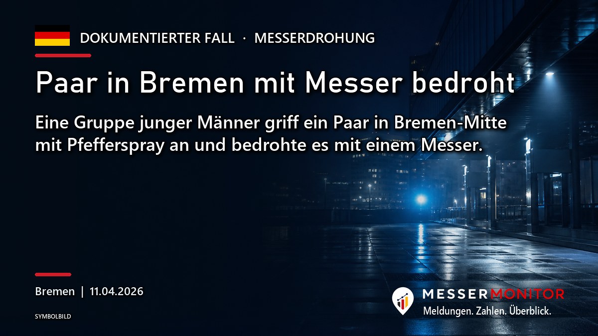 Titelgrafik: Paar in Bremen mit Messer bedroht. Eine Gruppe junger Männer griff ein Paar in Bremen-Mitte mit Pfefferspray an und bedrohte es mit einem Messer..