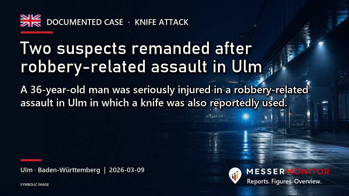 Title image: Two suspects remanded after robbery-related assault in Ulm. A 36-year-old man was seriously injured in a robbery-related assault in Ulm in which a knife was also reportedly used..