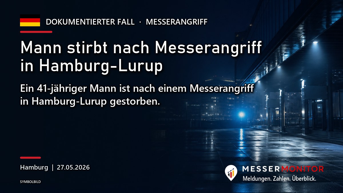 Titelgrafik: Mann stirbt nach Messerangriff in Hamburg-Lurup. Ein 41-jähriger Mann ist nach einem Messerangriff in Hamburg-Lurup gestorben..