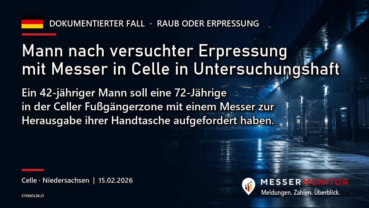 Titelgrafik: Mann nach versuchter Erpressung mit Messer in Celle in Untersuchungshaft. Ein 42-jähriger Mann soll eine 72-Jährige in der Celler Fußgängerzone mit einem Messer zur Herausgabe ihrer Handtasche aufgefordert haben..