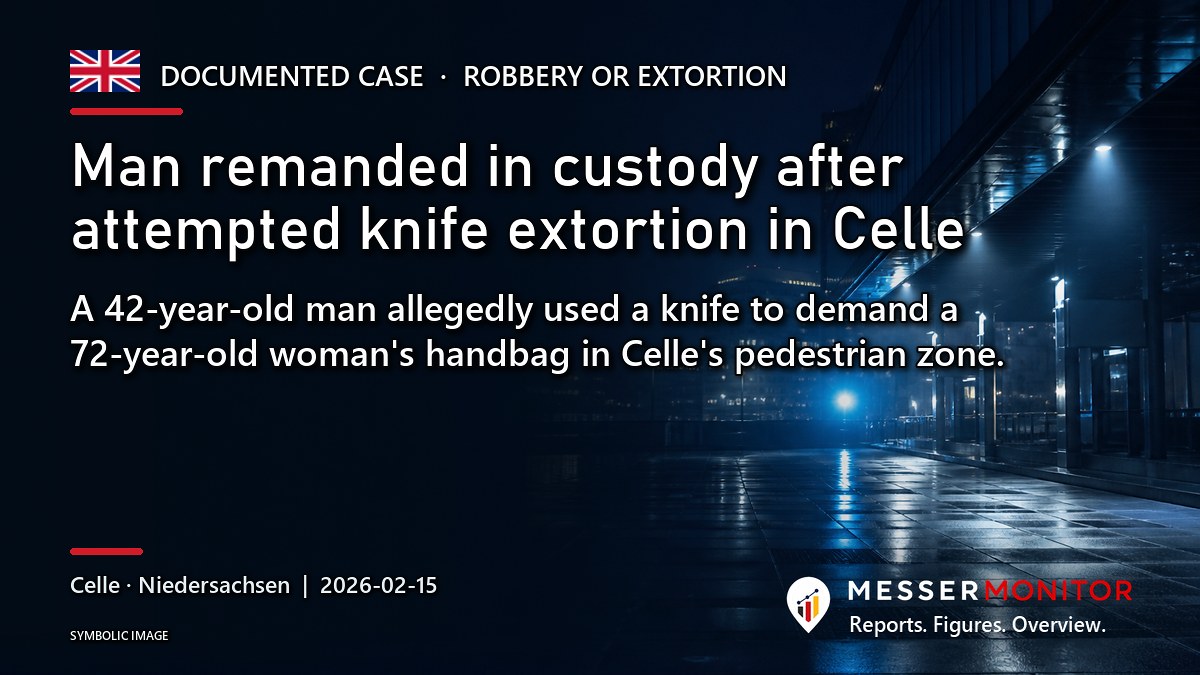 Title image: Man remanded in custody after attempted knife extortion in Celle. A 42-year-old man allegedly used a knife to demand a 72-year-old woman's handbag in Celle's pedestrian zone..