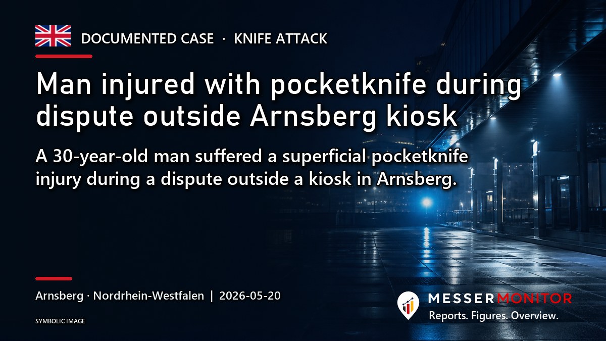 Title image: Man injured with pocketknife during dispute outside Arnsberg kiosk. A 30-year-old man suffered a superficial pocketknife injury during a dispute outside a kiosk in Arnsberg..