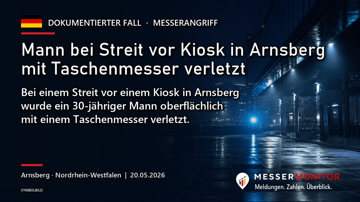 Titelgrafik: Mann bei Streit vor Kiosk in Arnsberg mit Taschenmesser verletzt. Bei einem Streit vor einem Kiosk in Arnsberg wurde ein 30-jähriger Mann oberflächlich mit einem Taschenmesser verletzt..