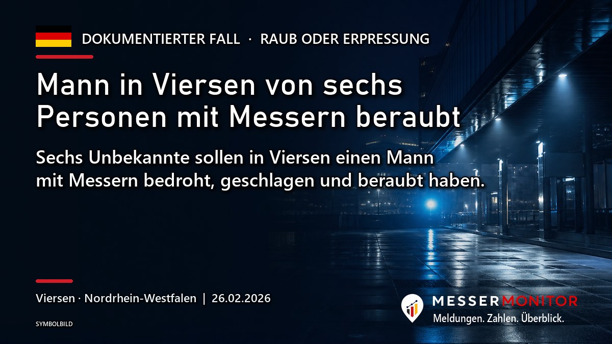 Titelgrafik: Mann in Viersen von sechs Personen mit Messern beraubt. Sechs Unbekannte sollen in Viersen einen Mann mit Messern bedroht, geschlagen und beraubt haben..