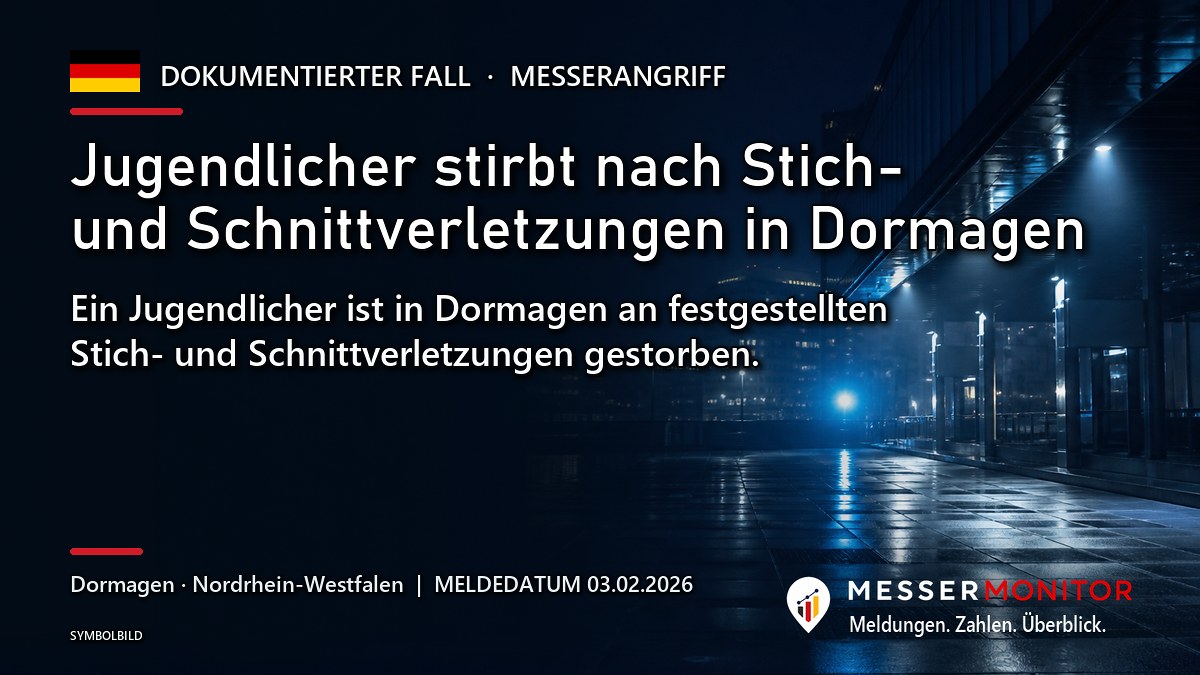 Titelgrafik: Jugendlicher stirbt nach Stich- und Schnittverletzungen in Dormagen. Ein Jugendlicher ist in Dormagen an festgestellten Stich- und Schnittverletzungen gestorben..