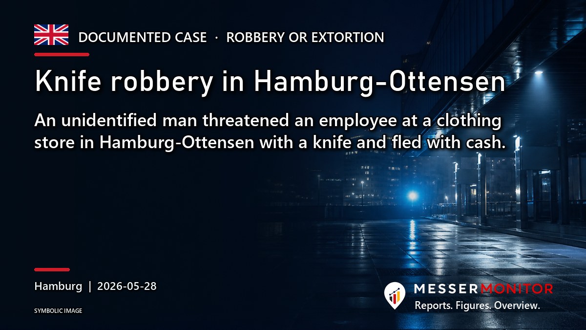 Title image: Knife robbery in Hamburg-Ottensen. An unidentified man threatened an employee at a clothing store in Hamburg-Ottensen with a knife and fled with cash..
