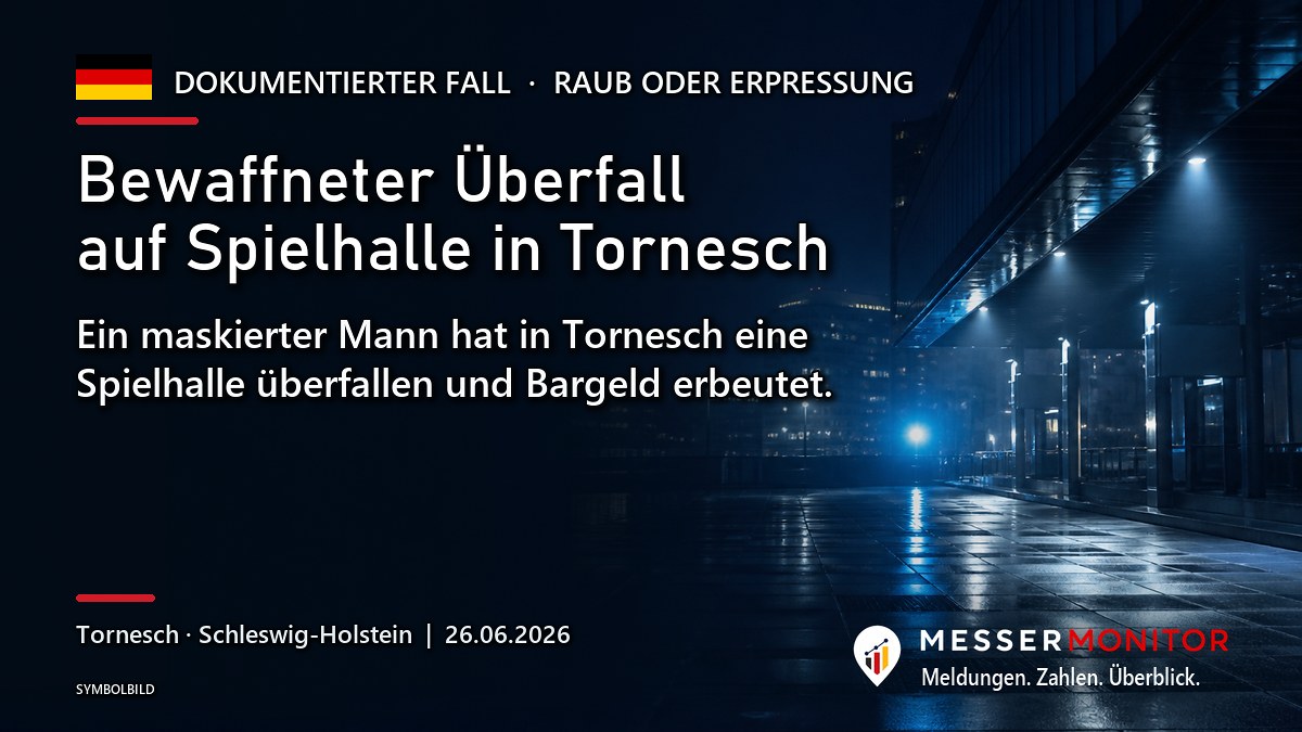 Titelgrafik: Bewaffneter Überfall auf Spielhalle in Tornesch. Ein maskierter Mann hat in Tornesch eine Spielhalle überfallen und Bargeld erbeutet..