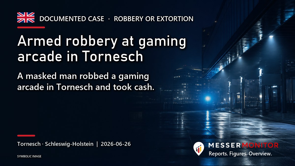 Title image: Armed robbery at gaming arcade in Tornesch. A masked man robbed a gaming arcade in Tornesch and took cash..