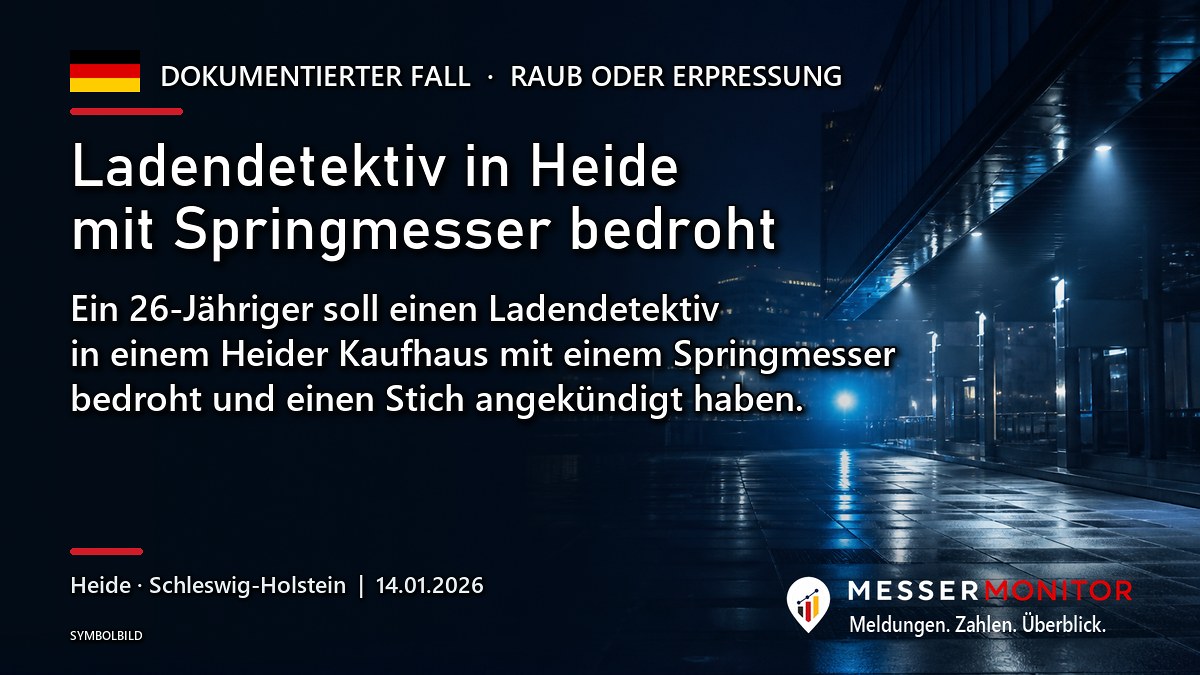 Titelgrafik: Ladendetektiv in Heide mit Springmesser bedroht. Ein 26-Jähriger soll einen Ladendetektiv in einem Heider Kaufhaus mit einem Springmesser bedroht und einen Stich angekündigt haben..