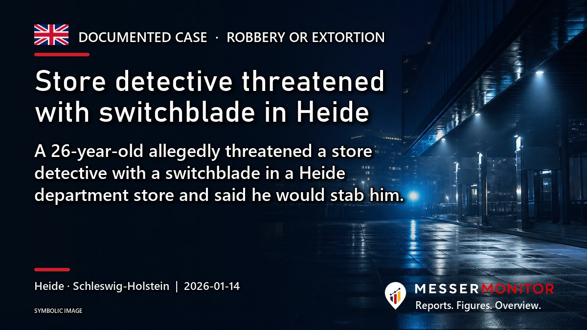 Title image: Store detective threatened with switchblade in Heide. A 26-year-old allegedly threatened a store detective with a switchblade in a Heide department store and said he would stab him..