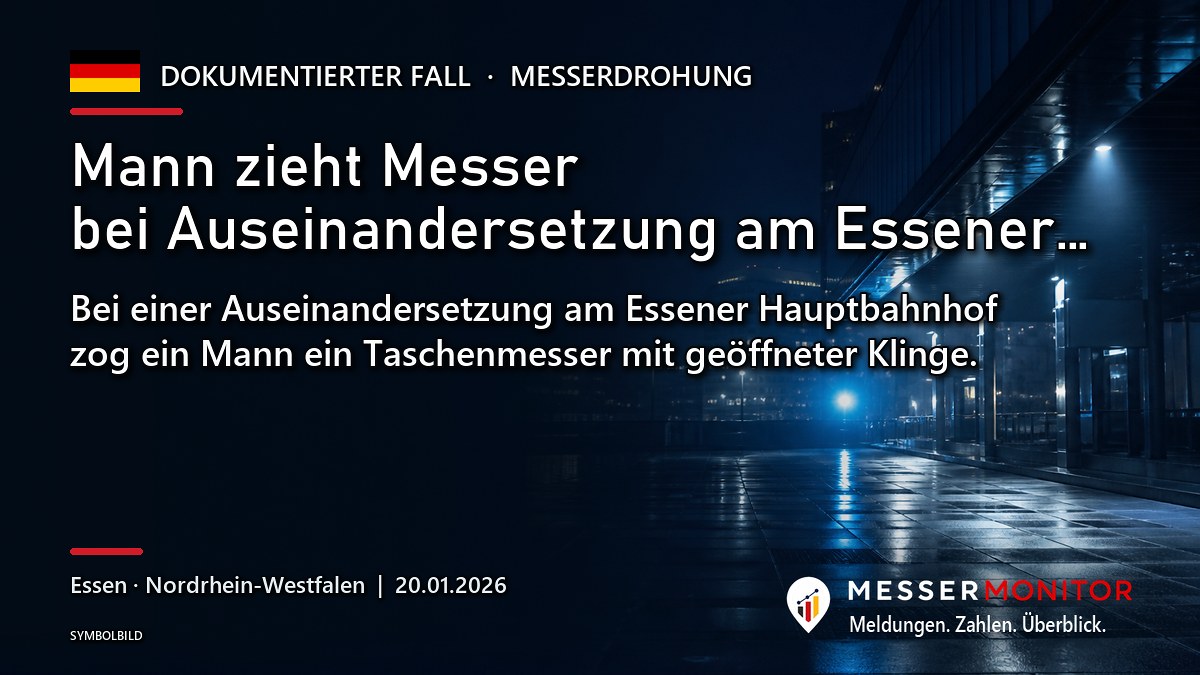 Titelgrafik: Mann zieht Messer bei Auseinandersetzung am Essener…. Bei einer Auseinandersetzung am Essener Hauptbahnhof zog ein Mann ein Taschenmesser mit geöffneter Klinge..
