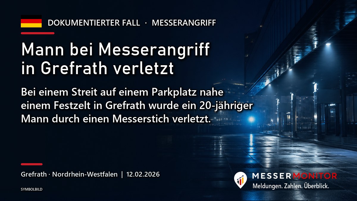 Titelgrafik: Mann bei Messerangriff in Grefrath verletzt. Bei einem Streit auf einem Parkplatz nahe einem Festzelt in Grefrath wurde ein 20-jähriger Mann durch einen Messerstich verletzt..