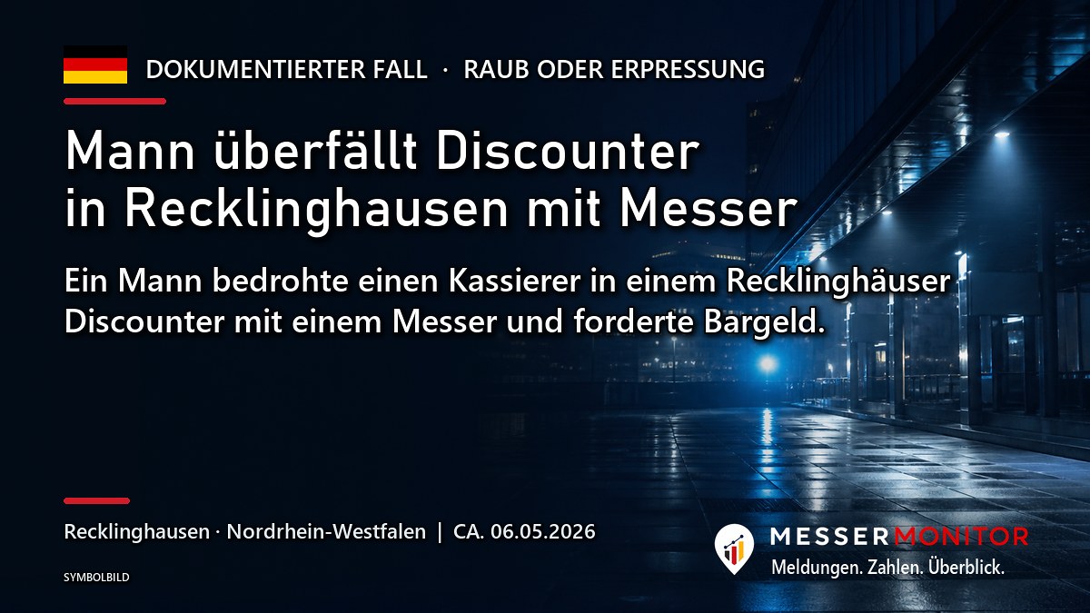 Titelgrafik: Mann überfällt Discounter in Recklinghausen mit Messer. Ein Mann bedrohte einen Kassierer in einem Recklinghäuser Discounter mit einem Messer und forderte Bargeld..