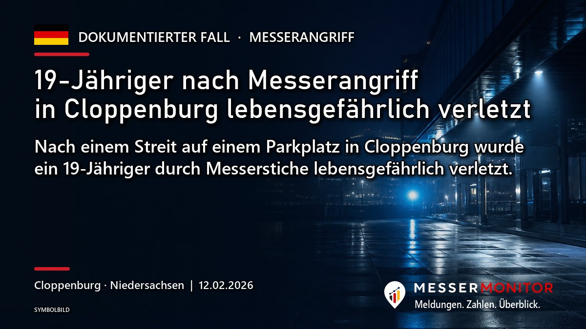 Titelgrafik: 19-Jähriger nach Messerangriff in Cloppenburg lebensgefährlich verletzt. Nach einem Streit auf einem Parkplatz in Cloppenburg wurde ein 19-Jähriger durch Messerstiche lebensgefährlich verletzt..