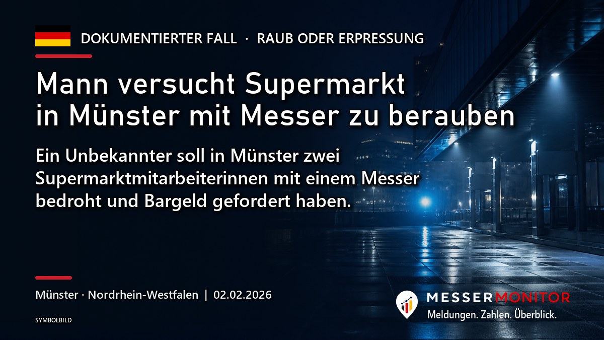 Titelgrafik: Mann versucht Supermarkt in Münster mit Messer zu berauben. Ein Unbekannter soll in Münster zwei Supermarktmitarbeiterinnen mit einem Messer bedroht und Bargeld gefordert haben..