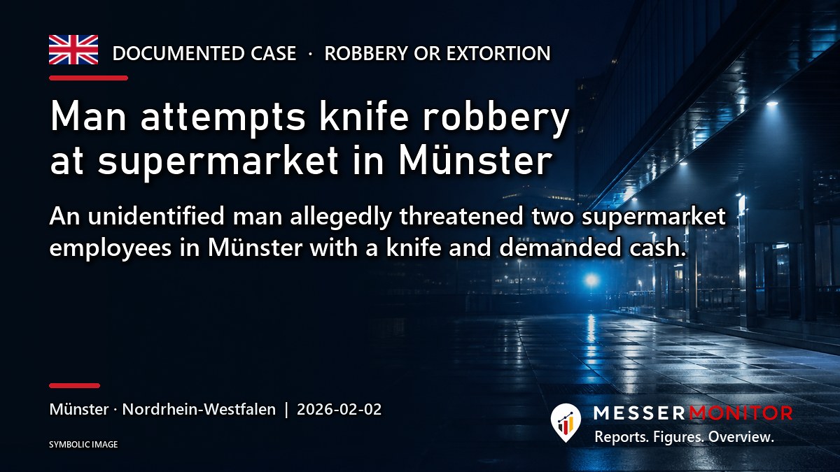 Title image: Man attempts knife robbery at supermarket in Münster. An unidentified man allegedly threatened two supermarket employees in Münster with a knife and demanded cash..