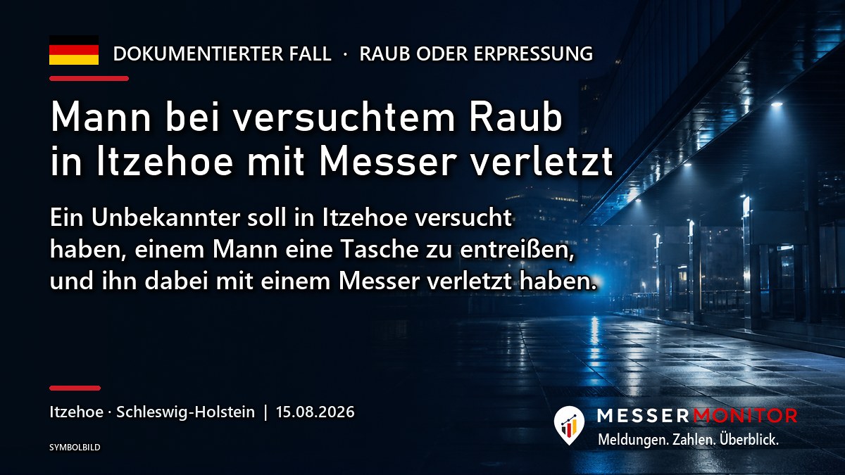 Titelgrafik: Mann bei versuchtem Raub in Itzehoe mit Messer verletzt. Ein Unbekannter soll in Itzehoe versucht haben, einem Mann eine Tasche zu entreißen, und ihn dabei mit einem Messer verletzt haben..