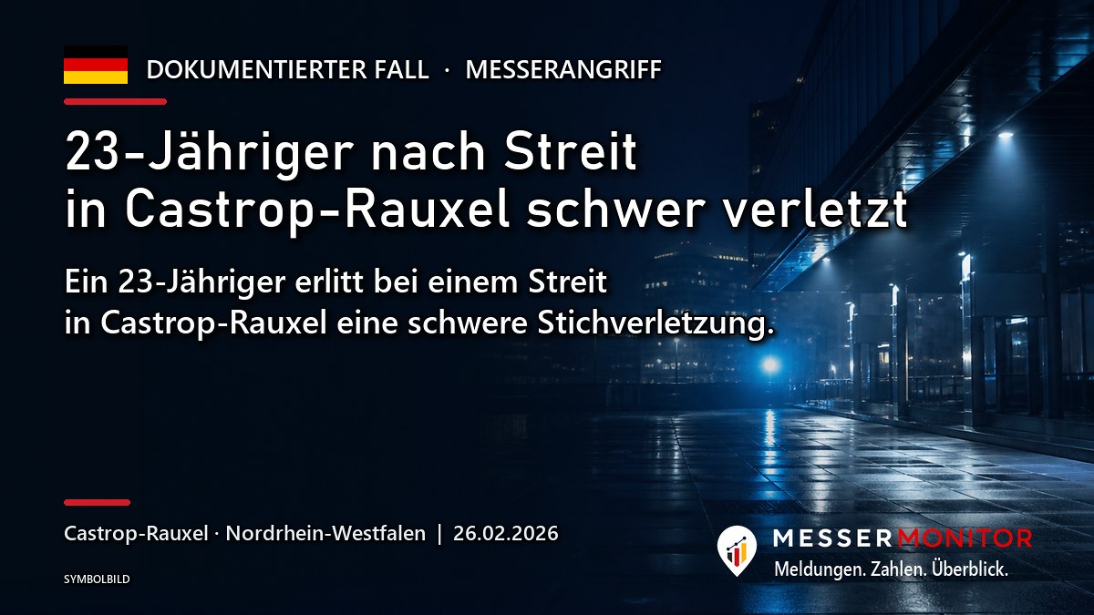 Titelgrafik: 23-Jähriger nach Streit in Castrop-Rauxel schwer verletzt. Ein 23-Jähriger erlitt bei einem Streit in Castrop-Rauxel eine schwere Stichverletzung..