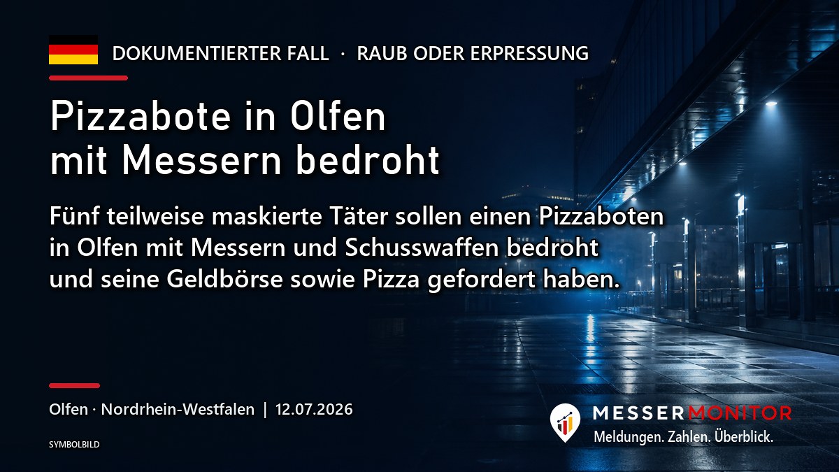 Titelgrafik: Pizzabote in Olfen mit Messern bedroht. Fünf teilweise maskierte Täter sollen einen Pizzaboten in Olfen mit Messern und Schusswaffen bedroht und seine Geldbörse sowie Pizza gefordert haben..