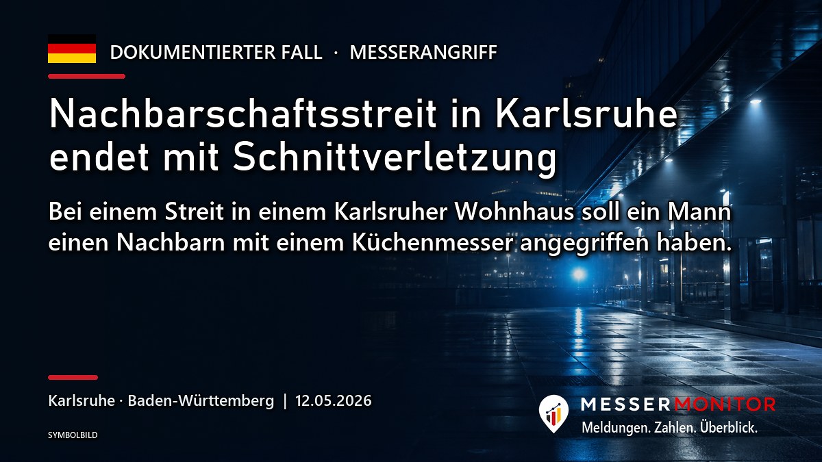 Titelgrafik: Nachbarschaftsstreit in Karlsruhe endet mit Schnittverletzung. Bei einem Streit in einem Karlsruher Wohnhaus soll ein Mann einen Nachbarn mit einem Küchenmesser angegriffen haben..