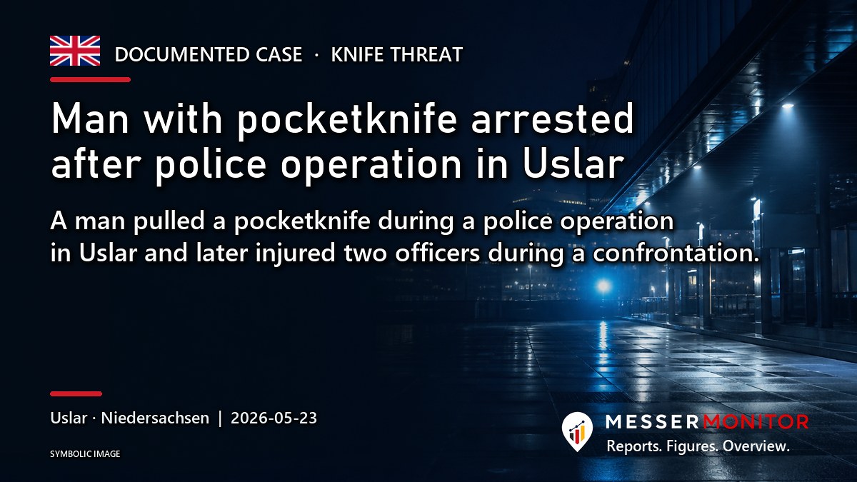 Title image: Man with pocketknife arrested after police operation in Uslar. A man pulled a pocketknife during a police operation in Uslar and later injured two officers during a confrontation..