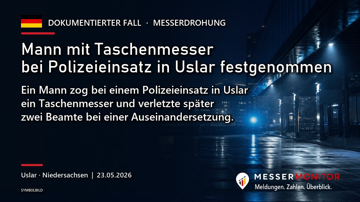 Titelgrafik: Mann mit Taschenmesser bei Polizeieinsatz in Uslar festgenommen. Ein Mann zog bei einem Polizeieinsatz in Uslar ein Taschenmesser und verletzte später zwei Beamte bei einer Auseinandersetzung..