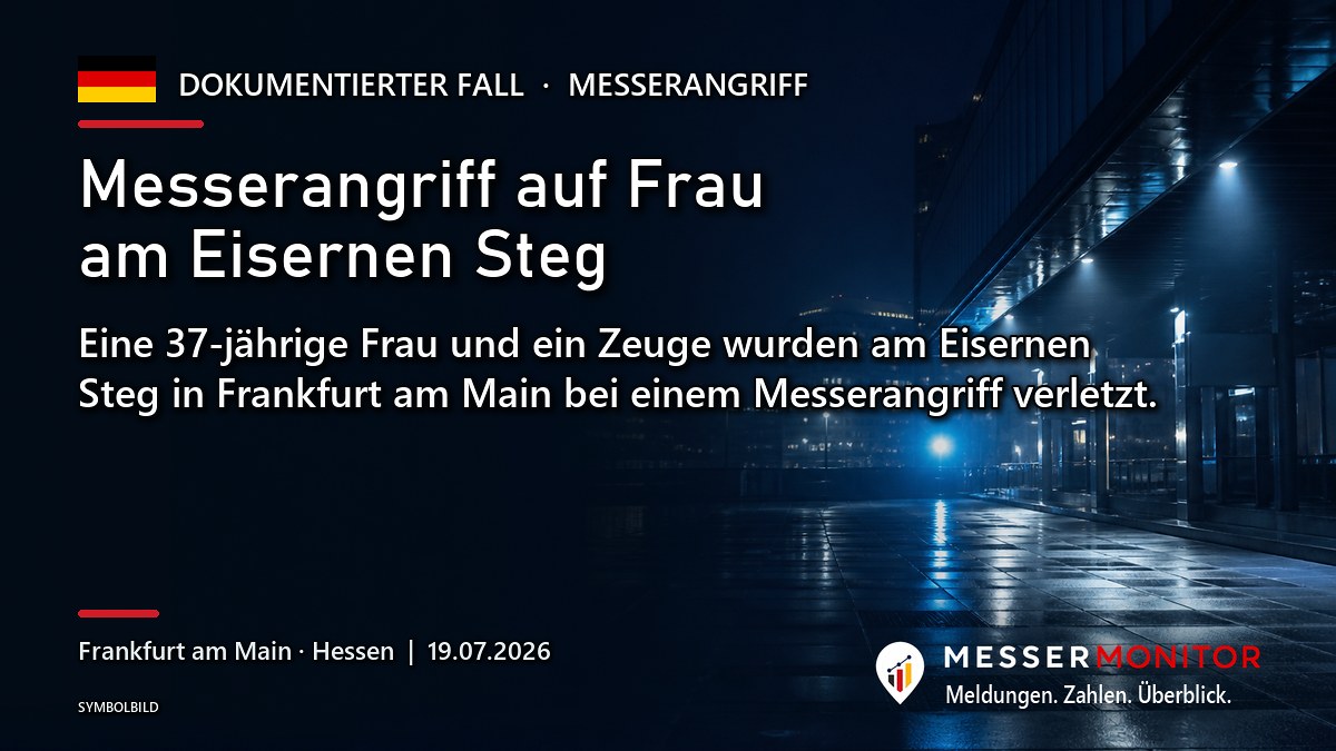 Titelgrafik: Messerangriff auf Frau am Eisernen Steg. Eine 37-jährige Frau und ein Zeuge wurden am Eisernen Steg in Frankfurt am Main bei einem Messerangriff verletzt..