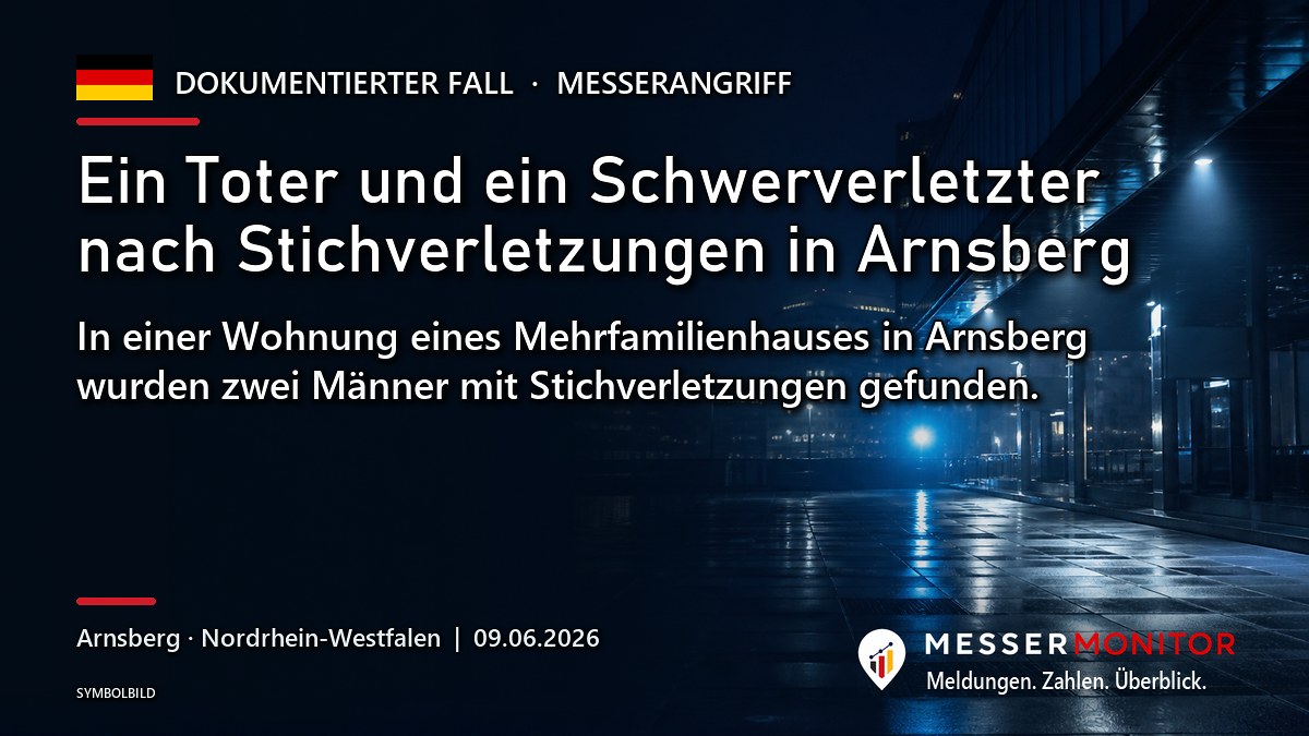 Titelgrafik: Ein Toter und ein Schwerverletzter nach Stichverletzungen in Arnsberg. In einer Wohnung eines Mehrfamilienhauses in Arnsberg wurden zwei Männer mit Stichverletzungen gefunden..