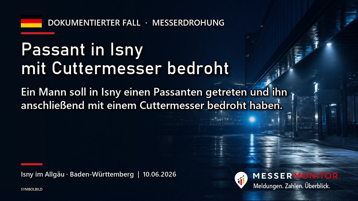 Titelgrafik: Passant in Isny mit Cuttermesser bedroht. Ein Mann soll in Isny einen Passanten getreten und ihn anschließend mit einem Cuttermesser bedroht haben..