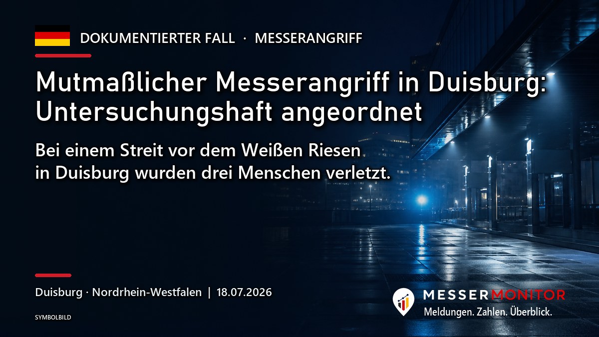 Titelgrafik: Mutmaßlicher Messerangriff in Duisburg: Untersuchungshaft angeordnet. Bei einem Streit vor dem Weißen Riesen in Duisburg wurden drei Menschen verletzt..