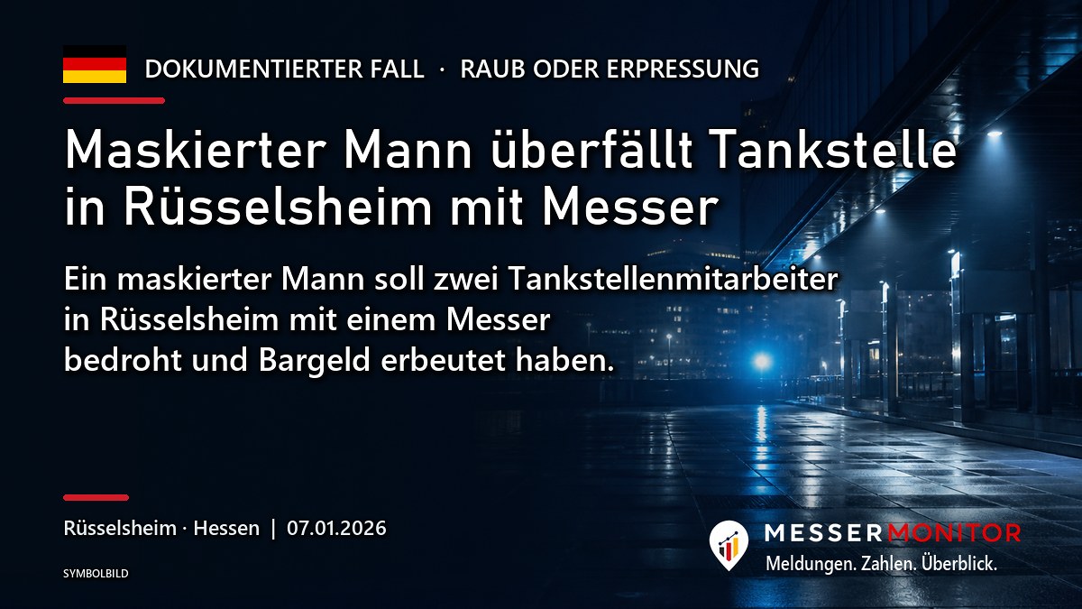 Titelgrafik: Maskierter Mann überfällt Tankstelle in Rüsselsheim mit Messer. Ein maskierter Mann soll zwei Tankstellenmitarbeiter in Rüsselsheim mit einem Messer bedroht und Bargeld erbeutet haben..