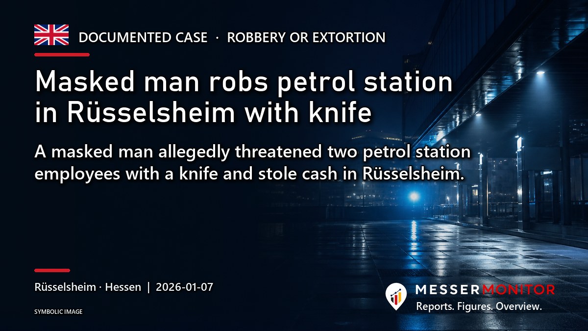 Title image: Masked man robs petrol station in Rüsselsheim with knife. A masked man allegedly threatened two petrol station employees with a knife and stole cash in Rüsselsheim..
