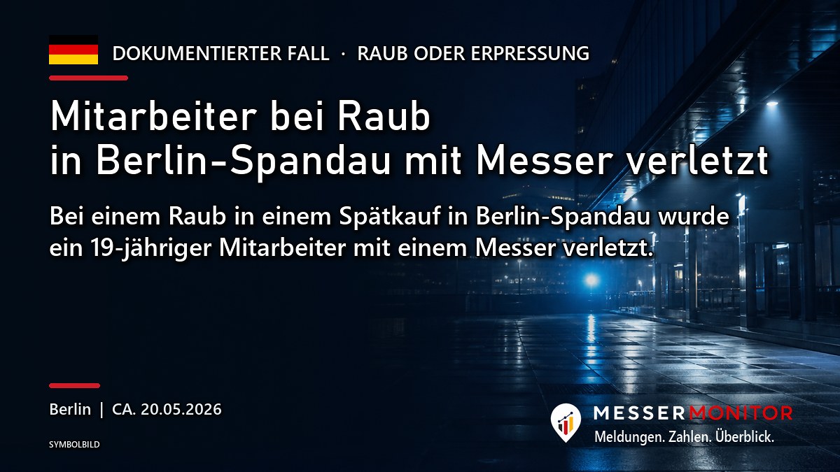 Titelgrafik: Mitarbeiter bei Raub in Berlin-Spandau mit Messer verletzt. Bei einem Raub in einem Spätkauf in Berlin-Spandau wurde ein 19-jähriger Mitarbeiter mit einem Messer verletzt..