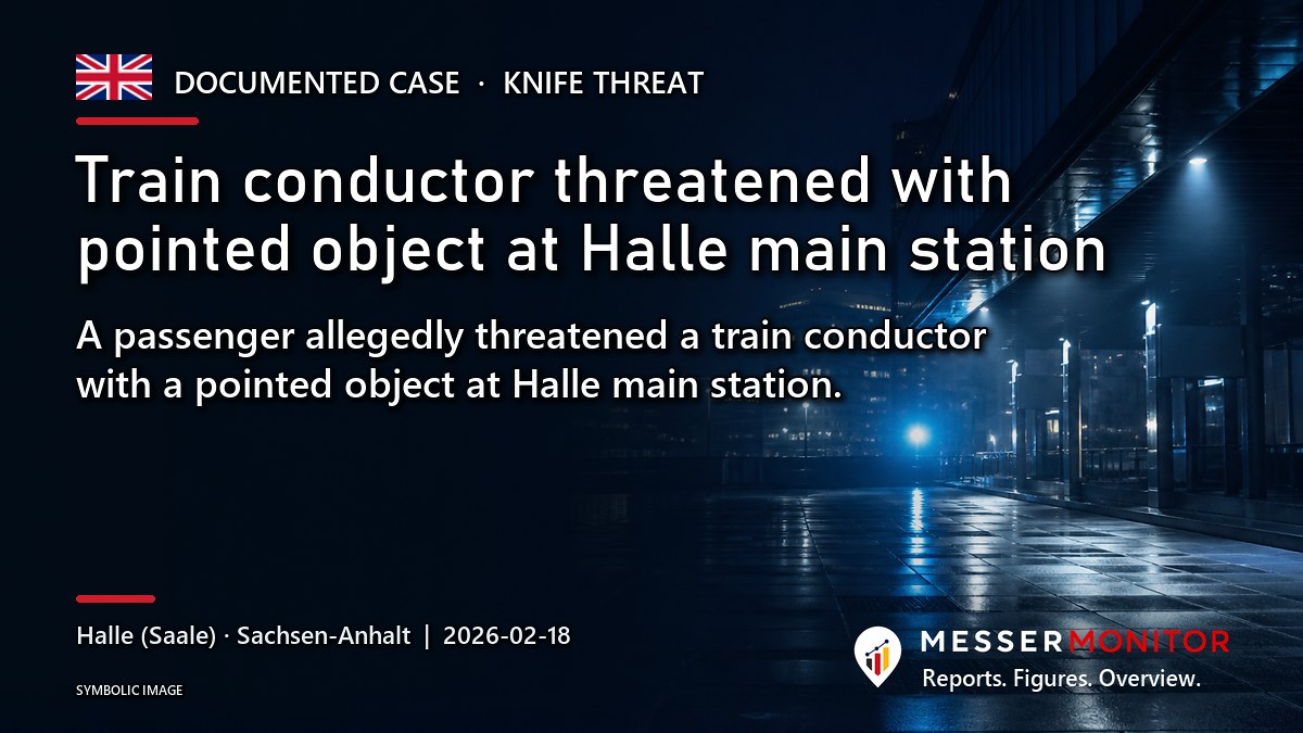 Title image: Train conductor threatened with pointed object at Halle main station. A passenger allegedly threatened a train conductor with a pointed object at Halle main station..