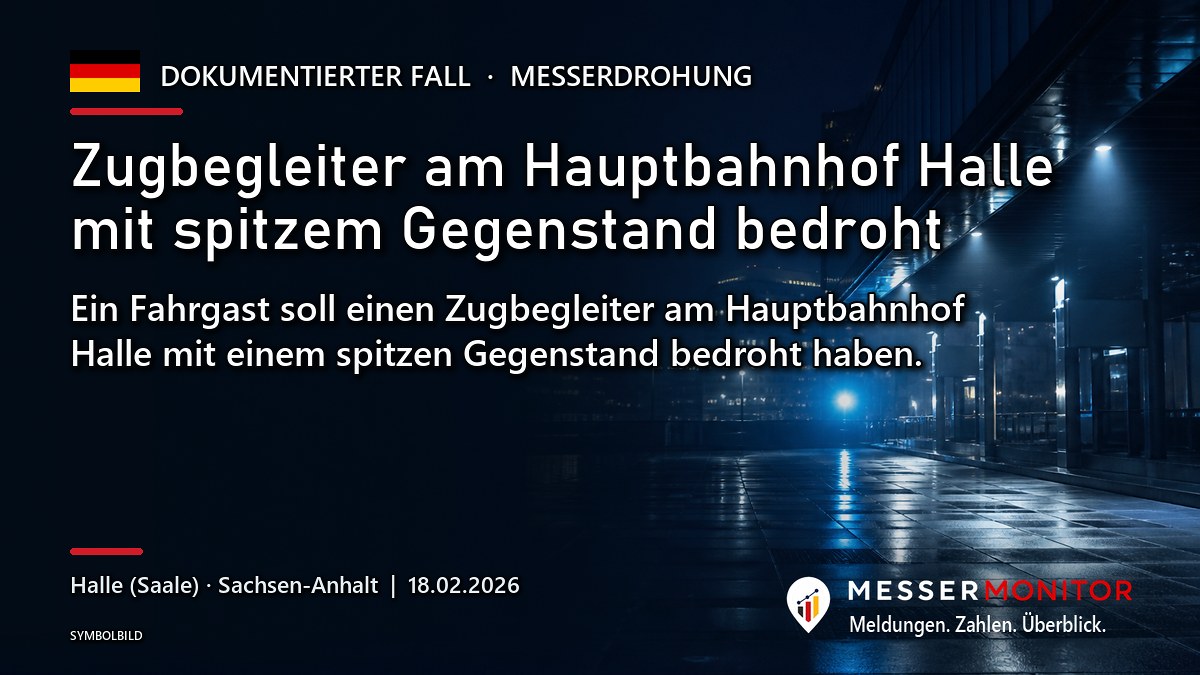 Titelgrafik: Zugbegleiter am Hauptbahnhof Halle mit spitzem Gegenstand bedroht. Ein Fahrgast soll einen Zugbegleiter am Hauptbahnhof Halle mit einem spitzen Gegenstand bedroht haben..