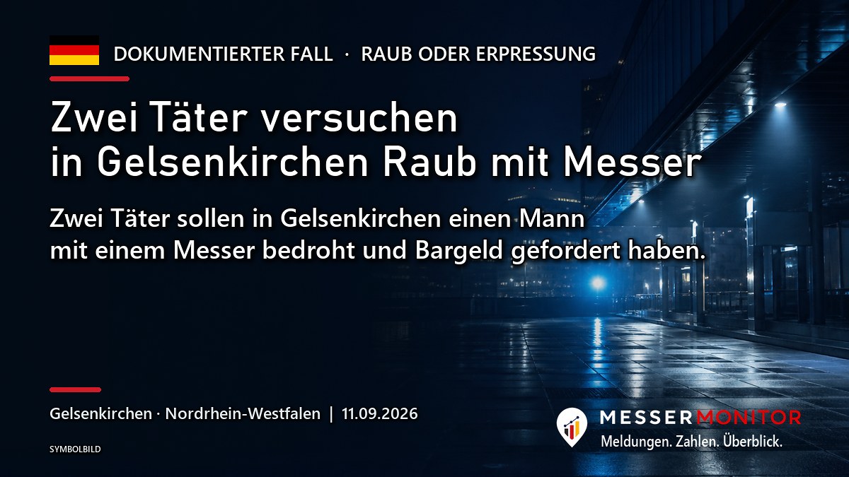 Titelgrafik: Zwei Täter versuchen in Gelsenkirchen Raub mit Messer. Zwei Täter sollen in Gelsenkirchen einen Mann mit einem Messer bedroht und Bargeld gefordert haben.