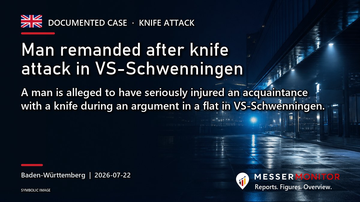 Title image: Man remanded after knife attack in VS-Schwenningen. A man is alleged to have seriously injured an acquaintance with a knife during an argument in a flat in VS-Schwenningen..