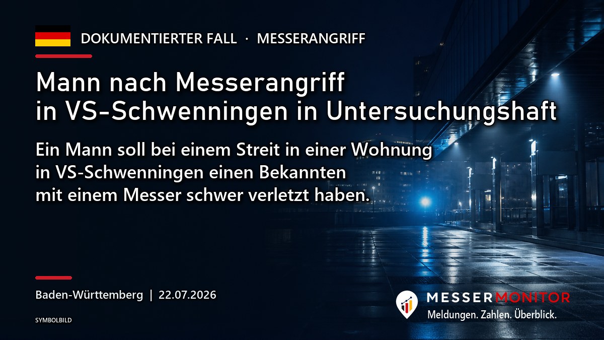 Titelgrafik: Mann nach Messerangriff in VS-Schwenningen in Untersuchungshaft. Ein Mann soll bei einem Streit in einer Wohnung in VS-Schwenningen einen Bekannten mit einem Messer schwer verletzt haben..