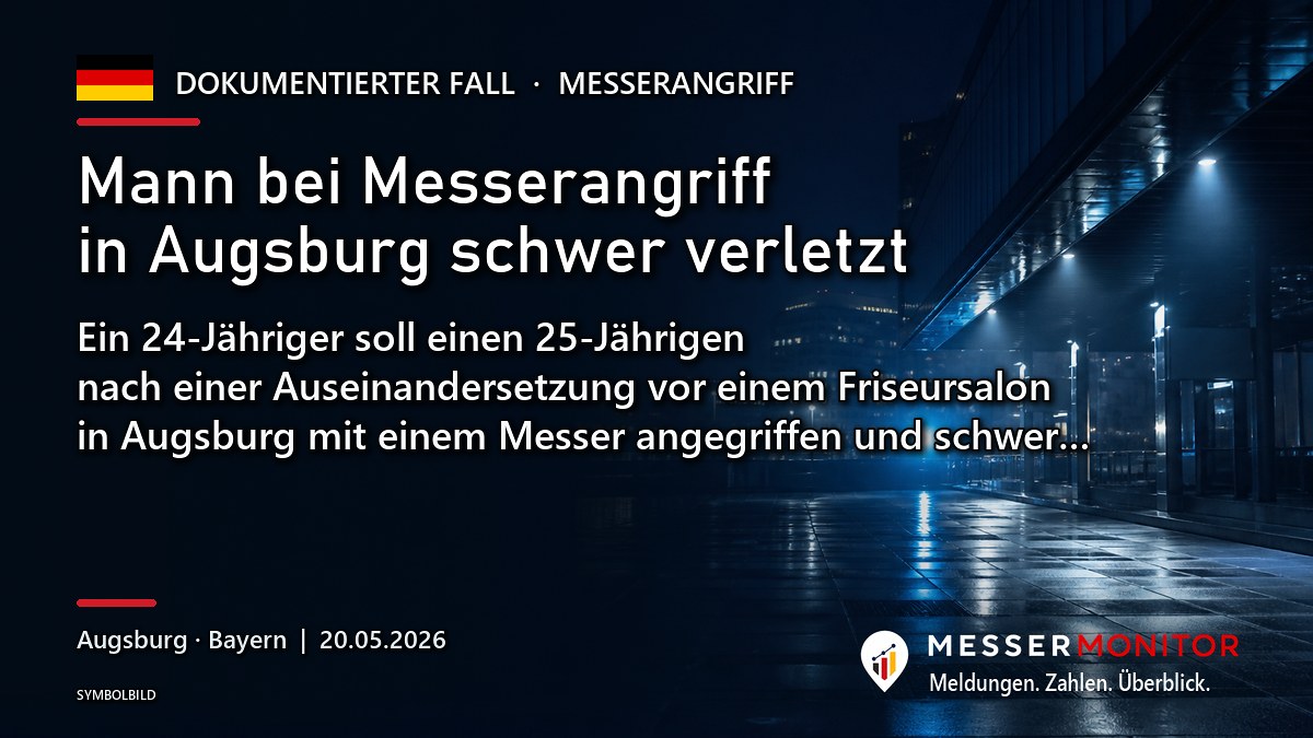 Titelgrafik: Mann bei Messerangriff in Augsburg schwer verletzt. Ein 24-Jähriger soll einen 25-Jährigen nach einer Auseinandersetzung vor einem Friseursalon in Augsburg mit einem Messer angegriffen und schwer….