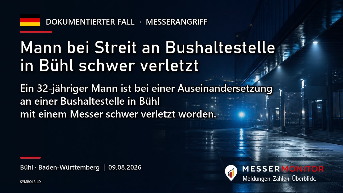 Titelgrafik: Mann bei Streit an Bushaltestelle in Bühl schwer verletzt. Ein 32-jähriger Mann ist bei einer Auseinandersetzung an einer Bushaltestelle in Bühl mit einem Messer schwer verletzt worden..