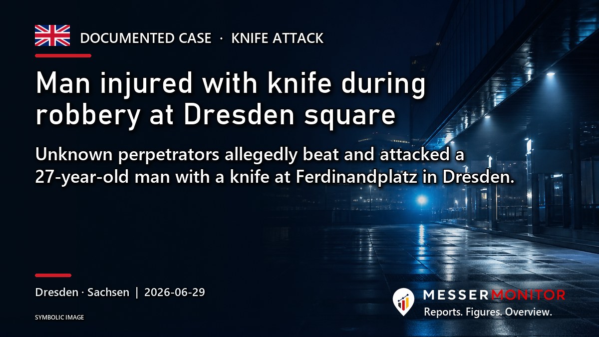 Title image: Man injured with knife during robbery at Dresden square. Unknown perpetrators allegedly beat and attacked a 27-year-old man with a knife at Ferdinandplatz in Dresden..