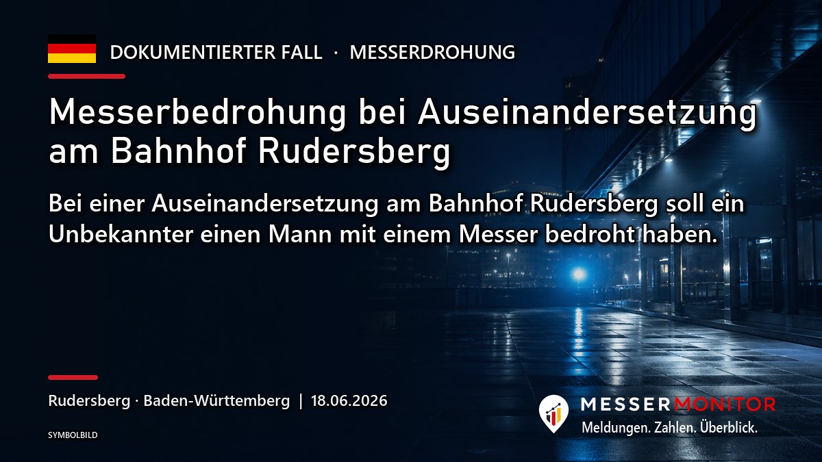 Titelgrafik: Messerbedrohung bei Auseinandersetzung am Bahnhof Rudersberg. Bei einer Auseinandersetzung am Bahnhof Rudersberg soll ein Unbekannter einen Mann mit einem Messer bedroht haben..