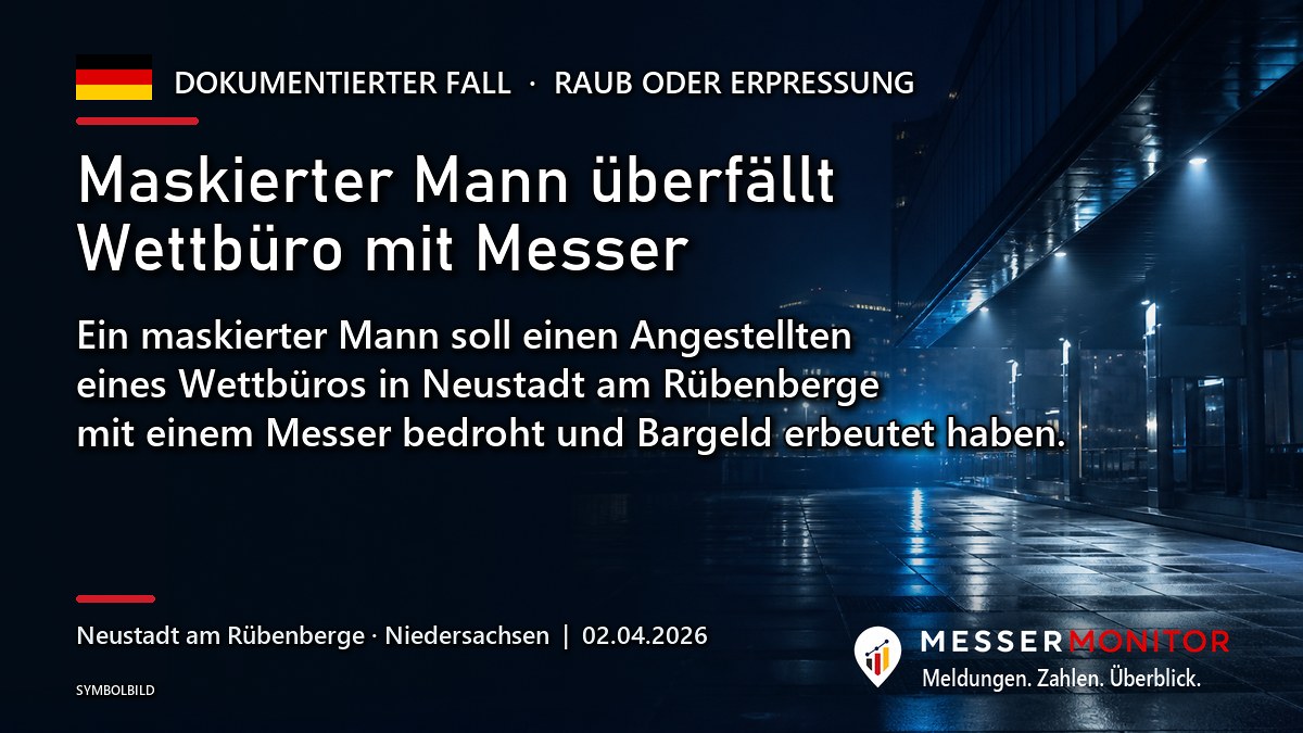 Titelgrafik: Maskierter Mann überfällt Wettbüro mit Messer. Ein maskierter Mann soll einen Angestellten eines Wettbüros in Neustadt am Rübenberge mit einem Messer bedroht und Bargeld erbeutet haben..