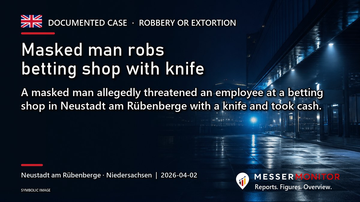 Title image: Masked man robs betting shop with knife. A masked man allegedly threatened an employee at a betting shop in Neustadt am Rübenberge with a knife and took cash..