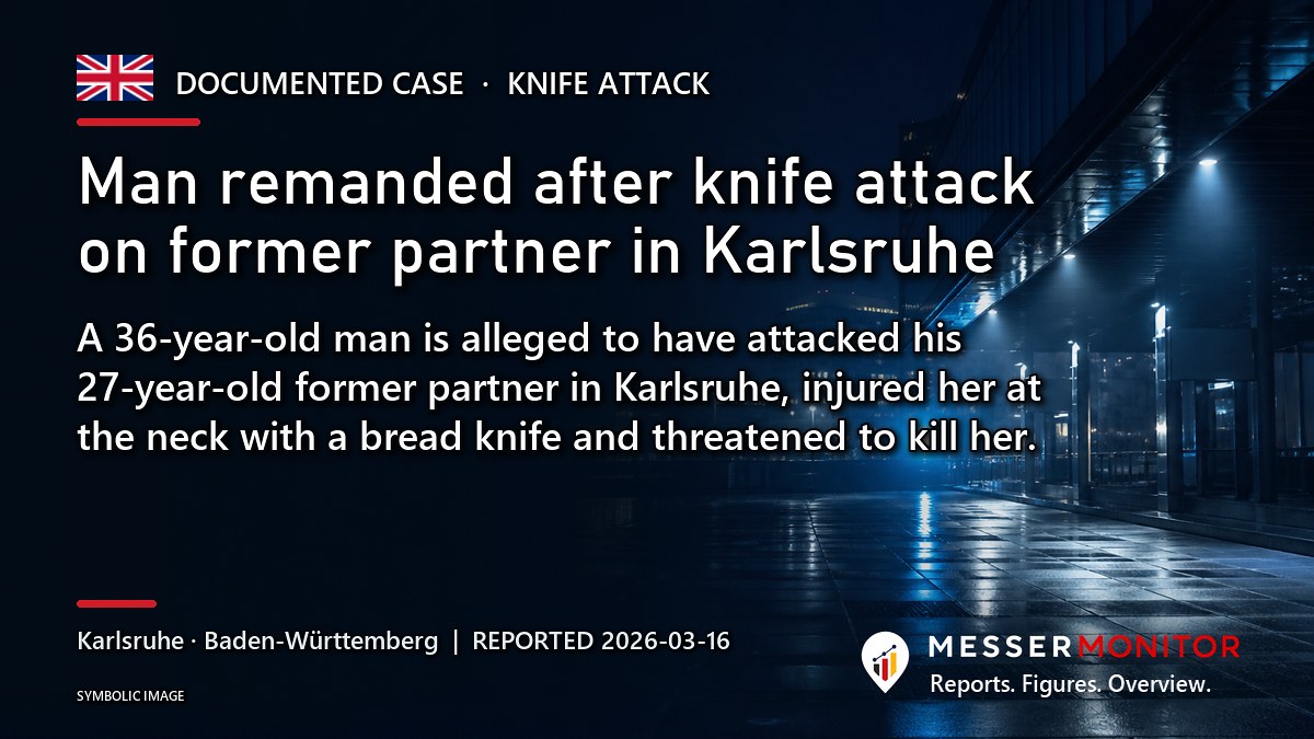 Title image: Man remanded after knife attack on former partner in Karlsruhe. A 36-year-old man is alleged to have attacked his 27-year-old former partner in Karlsruhe, injured her at the neck with a bread knife and threatened to kill her..