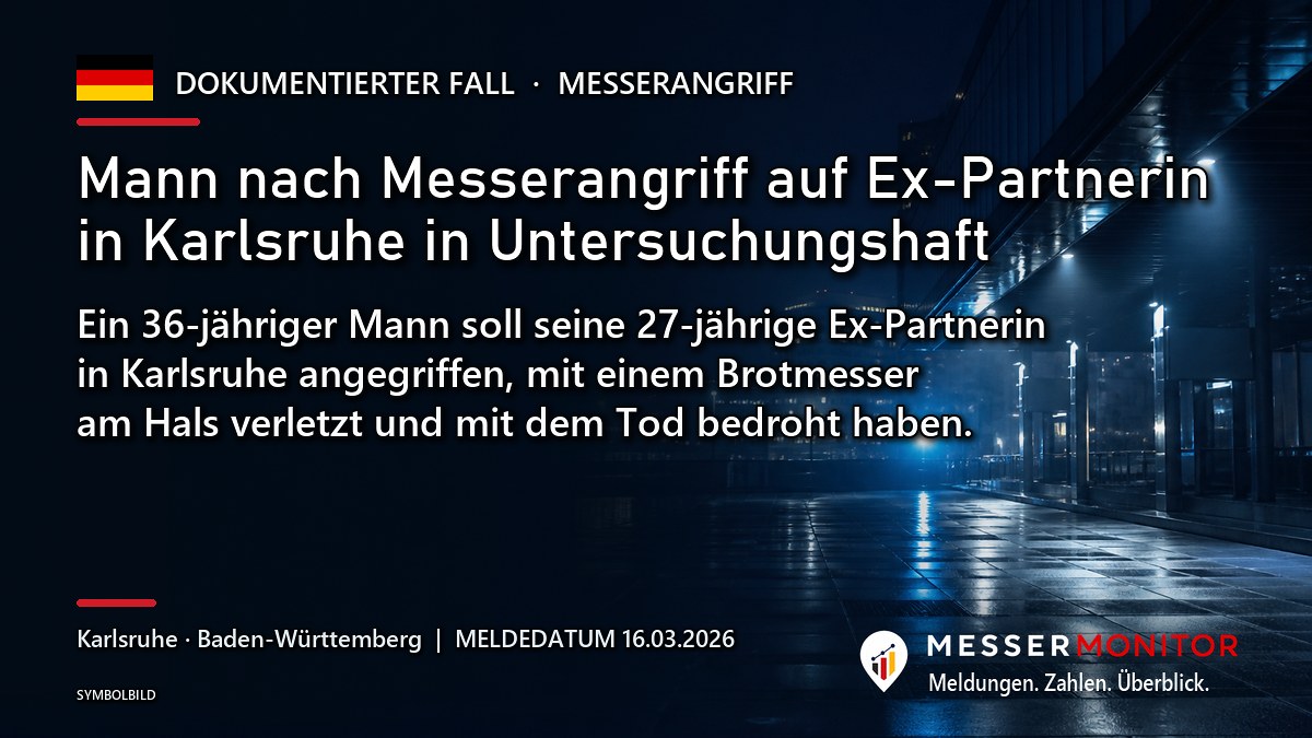 Titelgrafik: Mann nach Messerangriff auf Ex-Partnerin in Karlsruhe in Untersuchungshaft. Ein 36-jähriger Mann soll seine 27-jährige Ex-Partnerin in Karlsruhe angegriffen, mit einem Brotmesser am Hals verletzt und mit dem Tod bedroht haben..