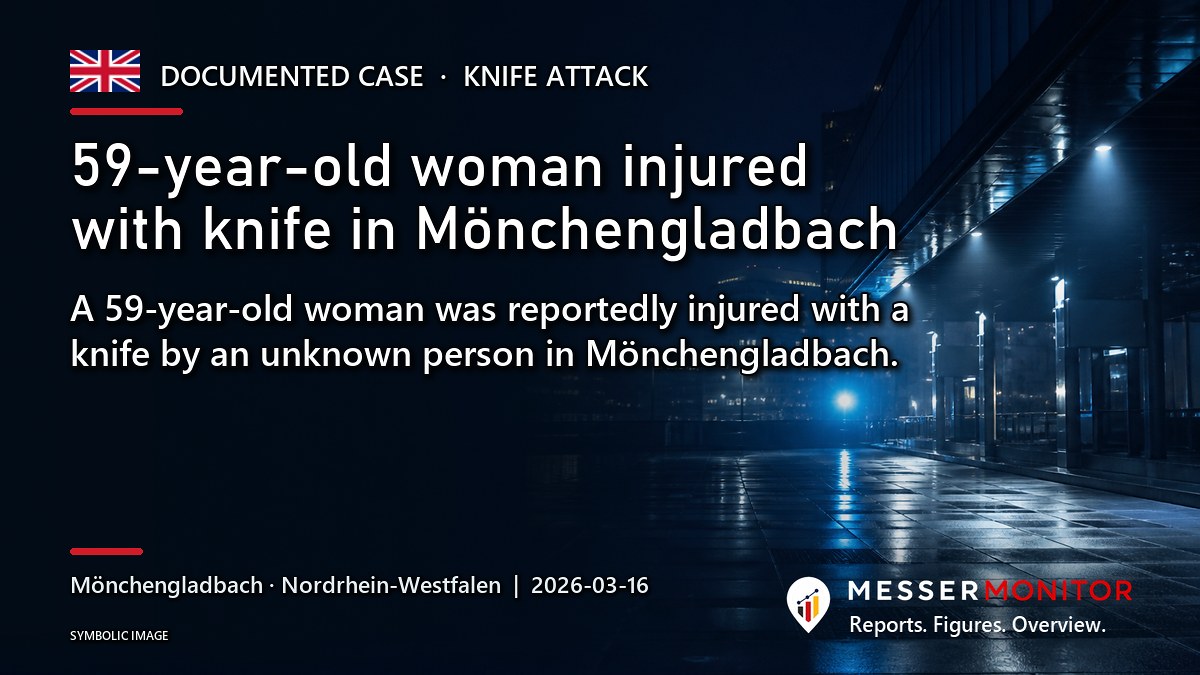 Title image: 59-year-old woman injured with knife in Mönchengladbach. A 59-year-old woman was reportedly injured with a knife by an unknown person in Mönchengladbach..
