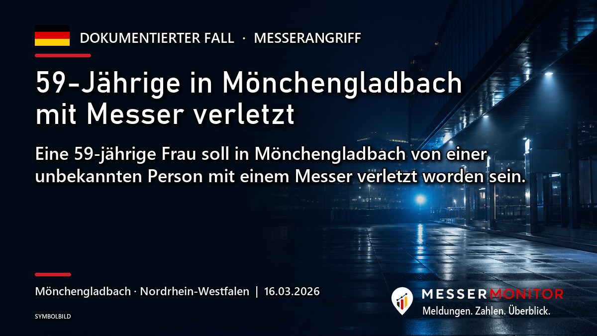Titelgrafik: 59-Jährige in Mönchengladbach mit Messer verletzt. Eine 59-jährige Frau soll in Mönchengladbach von einer unbekannten Person mit einem Messer verletzt worden sein..